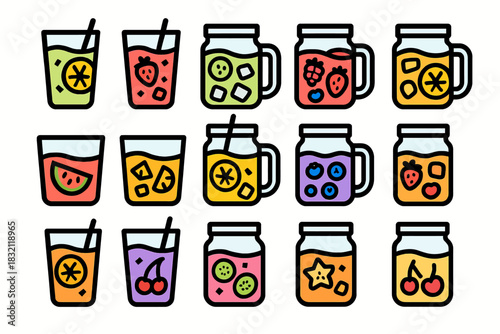 Colorful set of 15 refreshing fruit drinks in glasses and jars