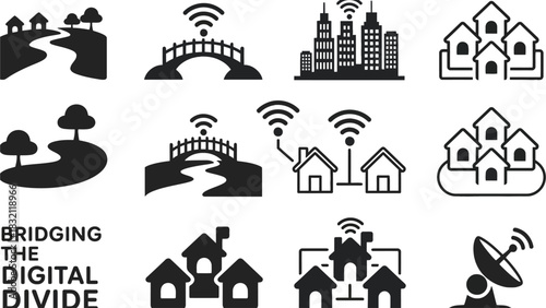 Black and white icons illustrating connectivity and infrastructure
