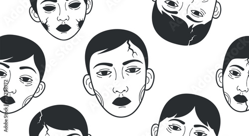 A collection of stylized human faces with various expressions in black and white minimalist vector style, suitable for creative projects and design