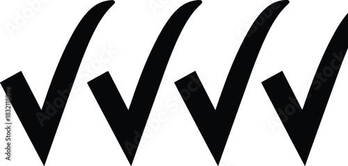 Row of four bold black check mark symbols indicating success, approval, and completed tasks isolated on white background.