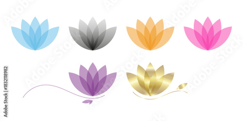 A set of minimalist colored and gold lotuses in a modern style. Perfect for logos, spa, yoga, cosmetics, labels, branding, and design. Isolated. Image. Template. Vector. Art.