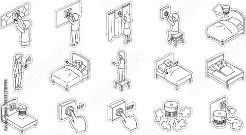 A set of minimalistic line art icons depicting various alarm clock scenarios in flat vector style, suitable for technology and home automation projects