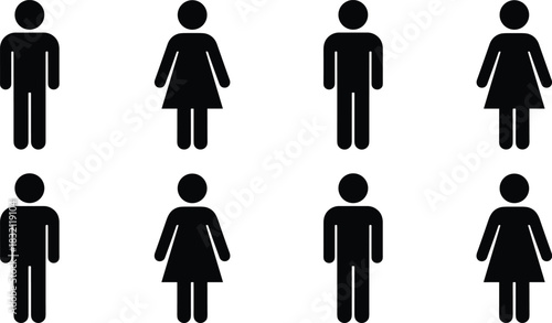 Classic male and female restroom sign icons, black vector silhouettes of gender symbols isolated on white background.