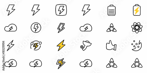 Collection of energy and power related icons including lightning bolts clouds batteries and atomic symbols