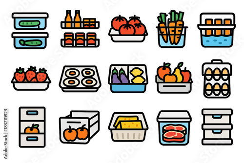 Colorful food storage icons featuring vegetables, fruits, eggs, and beverages
