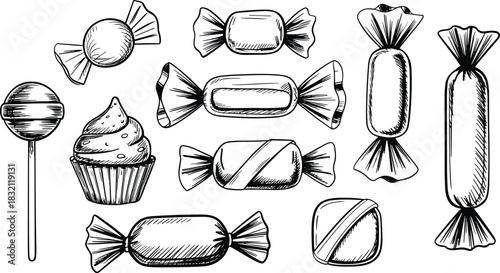 Hand-Drawn Candy and Sweet Treats Illustration – Monochrome Sketch of Lollipops, Cupcakes, and Wrapped Confectionery for Design Use