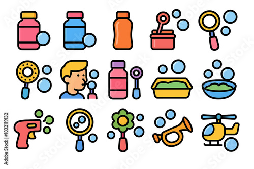 Colorful cartoon icons of soap bubbles and toys with playful designs