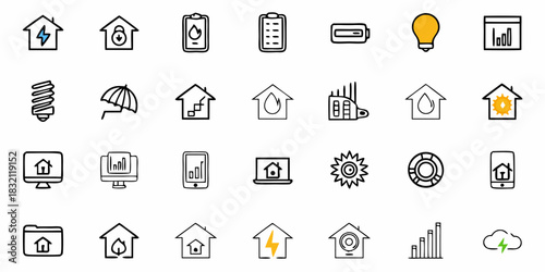 Collection of hand drawn icons representing smart home technology and energy efficiency concepts