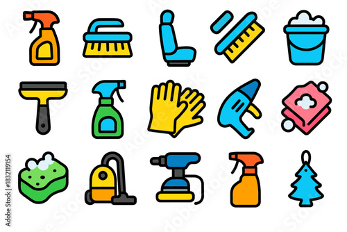 Set of colorful cleaning equipment icons featuring gloves, sponges, spray bottles, and brushes