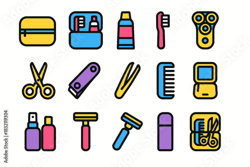 Colorful icons of personal care and grooming tools