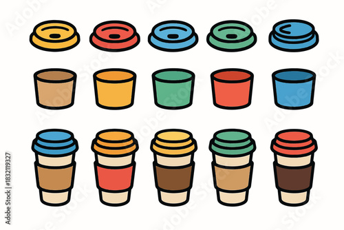 Colorful coffee cup and lid combinations in a cartoon style