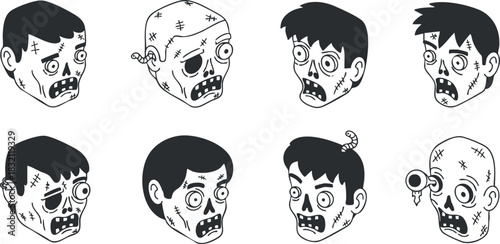 A collection of cartoon zombie heads with various expressions in black and white vector style, ideal for Halloween designs and spooky graphics