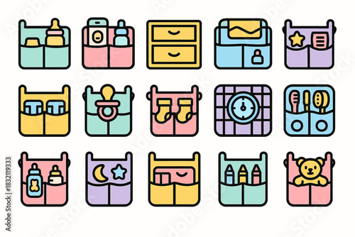 Colorful baby essentials icons: bottles, toys, and supplies for nursery organization