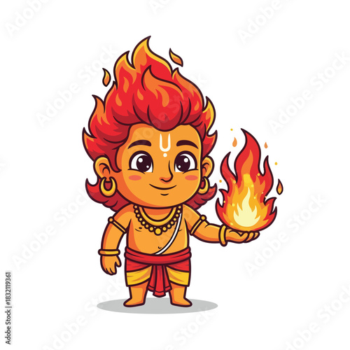 This cute vector illustration depicts a smiling, fiery hindu god holding a flame, isolated brightly on white.