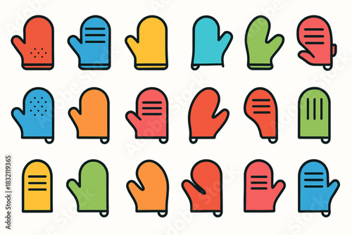 Colorful mitten icons - various patterns and designs in a grid layout