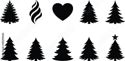 Set of ten black vector silhouettes including various Christmas pine trees, abstract fire flame logo, and heart shape icon, isolated on white background.