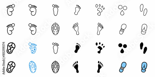 Collection of diverse foot and paw print icons in various styles and colors