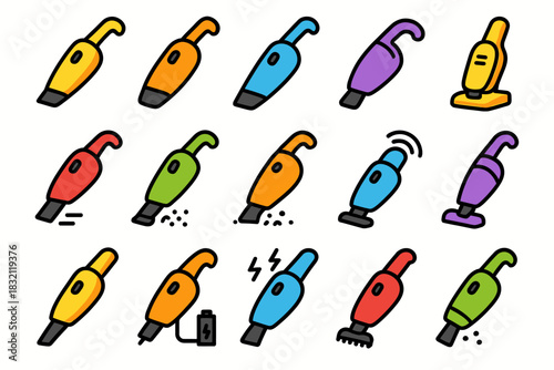 Colorful cartoon vacuum cleaner icons in various styles and colors