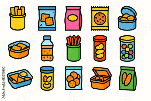 Colorful snack food icons set with chips, cookies, and candy
