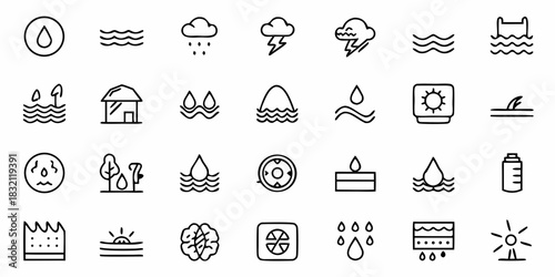 Collection of hand drawn icons representing water and weather elements