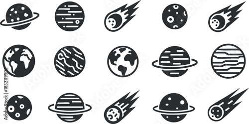 A collection of planet and celestial body icons in black and white minimalist vector style, ideal for educational designs and space-themed projects
