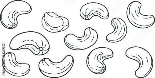A collection of cashew nuts in outline black and white vector style, suitable for healthy food packaging and culinary designs