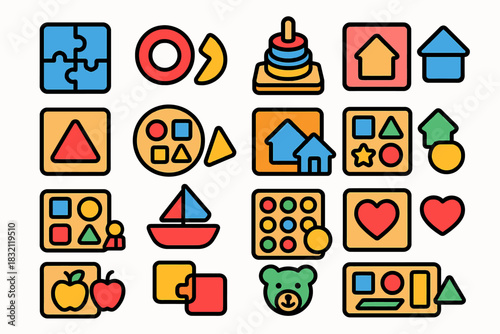 Colorful puzzle icons featuring geometric shapes and playful designs