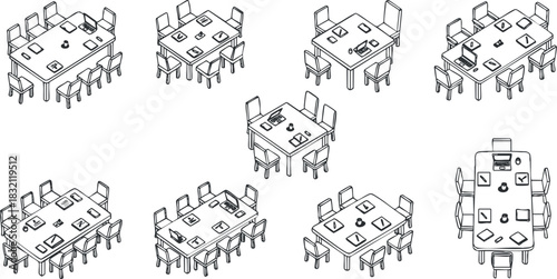 A collection of dining tables with chairs in minimalist outline vector style, suitable for interior design and restaurant planning