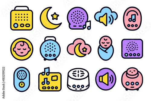 Colorful icons of baby soothers featuring clouds, music notes, and sleep themes