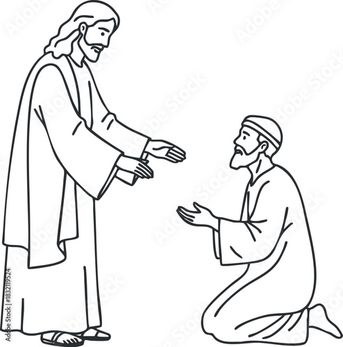 A depiction of Jesus reaching out to a kneeling man in minimalist outline vector style, suitable for religious education and spiritual projects