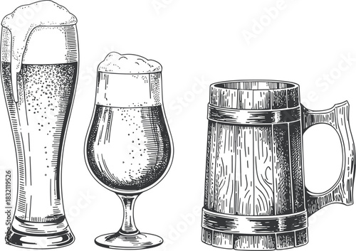 Vintage Beer Glass and Mug Illustrations – Hand-Drawn Sketches of Weizen, Tulip, and Wooden Tankard for Beverage and Branding Design