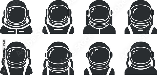 A collection of astronaut helmet icons in black and white flat vector style, suitable for space-themed designs and illustrations