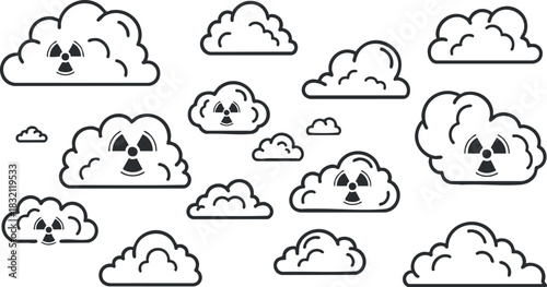 A set of clouds featuring a nuclear radiation symbol in outline vector style, suitable for environmental awareness projects