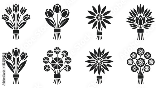 Eight flower bouquet icons in black and white vector illustration art