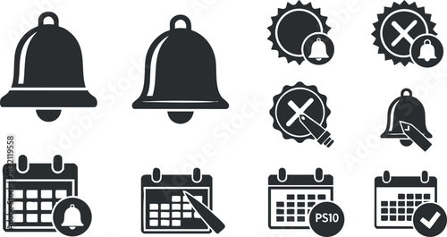 A collection of alarm bell and calendar icons in black flat vector style, suitable for app design and notifications