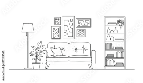 Minimalist living room interior design sketch with sofa bookshelf and wall art line art illustration creating a cozy and stylish home environment silhouette