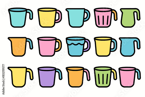 Colorful collection of cartoon cups and jugs with various designs and handles