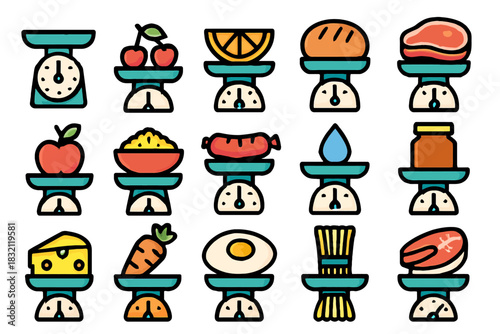 Cartoon food icons on weighing scales including fruit, bread, meat, and more