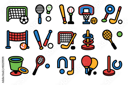 Colorful sports equipment icons featuring soccer, basketball, tennis, and more