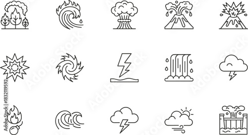 Natural disaster and catastrophe icons set, volcano, tsunami, wildfire, storm, and explosion line art vector illustration collection.