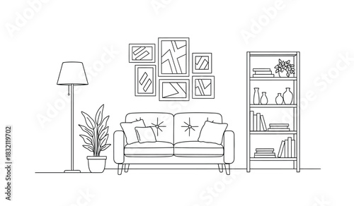 Elegant living room interior design with sofa bookshelf and floor lamp in a minimalist silhouette style creating a modern and artistic atmosphere silhouette