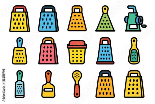 Colorful kitchen grater icons set with various styles