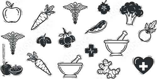 A collection of health-related icons including fruits, vegetables, and medical symbols in black and white outline style, suitable for wellness and nutrition projects