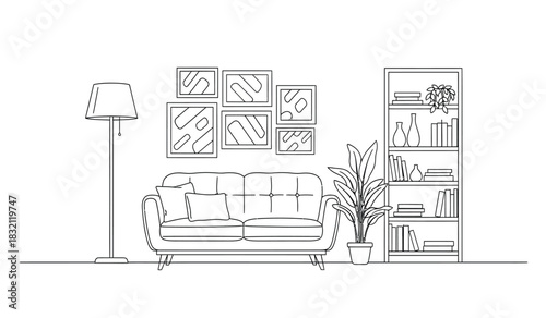 Elegant living room interior design with sofa bookshelf lamp and wall art in a minimalist silhouette style home decor sketch silhouette