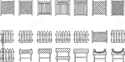 A collection of various fence designs including hoarding, barriers, and decorative styles in minimalist black and white vector style, suitable for construction and landscaping projects