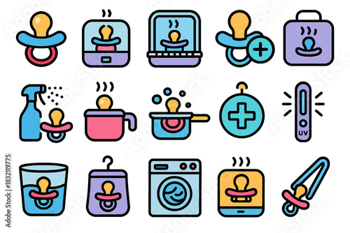 Colorful baby pacifier icons for care and hygiene in everyday use