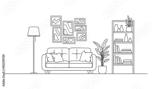 Minimalist living room interior design with sofa bookshelf and picture frames on the wall presented in a clean and modern silhouette style silhouette