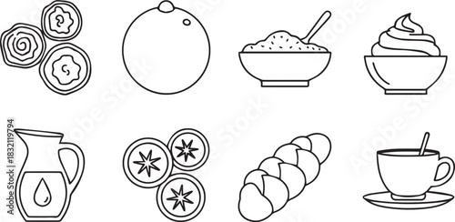 Breakfast Still Life Outlined Food and Drink Illustrations.