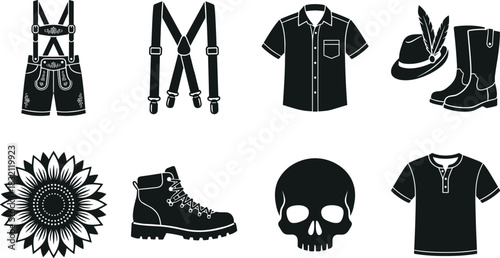 Oktoberfest costume elements set, Bavarian Lederhosen, shirt, hat, boots, sunflower and skull, black silhouette vector illustration isolated.