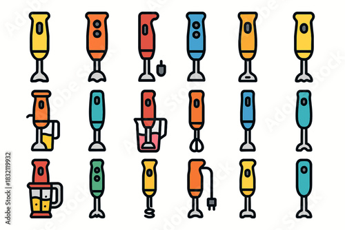 Colorful collection of various hand blender icons in grid layout